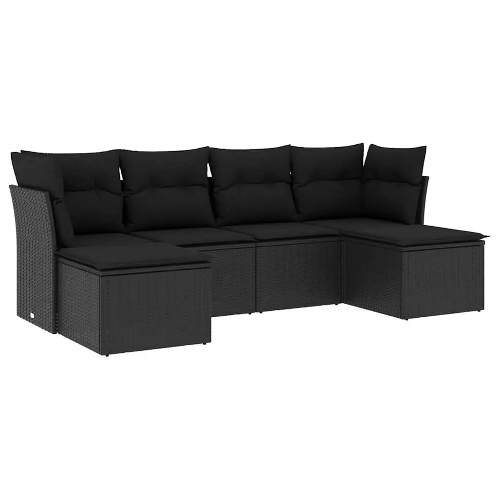 6 Piece Garden Sofa Set with Cushions Black Poly Rattan 3218005 - Furniture
