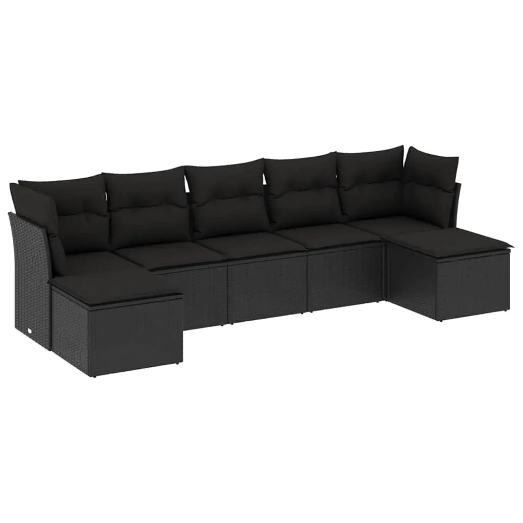 7 Piece Garden Sofa Set with Cushions Black Poly Rattan 3218025 - Furniture