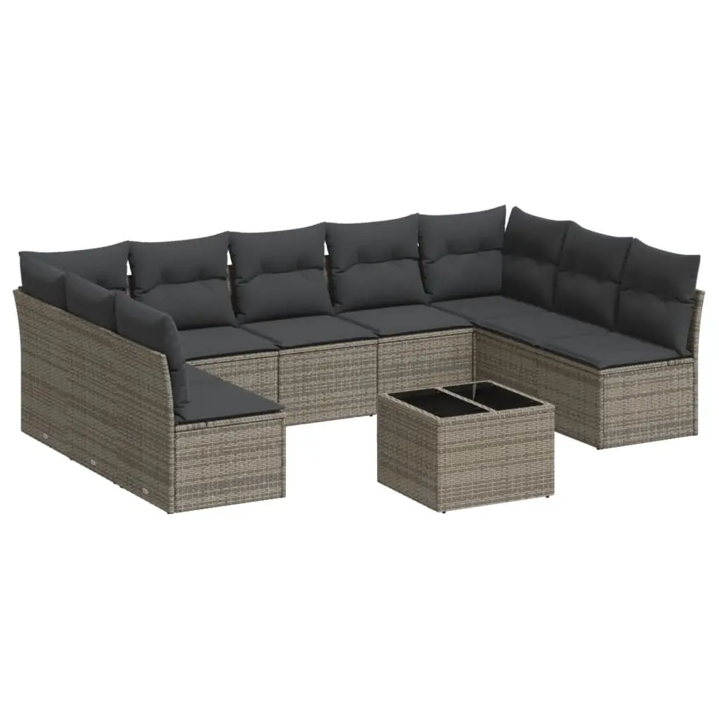 10 Piece Garden Sofa Set with Cushions Grey Poly Rattan 3218080 - Furniture