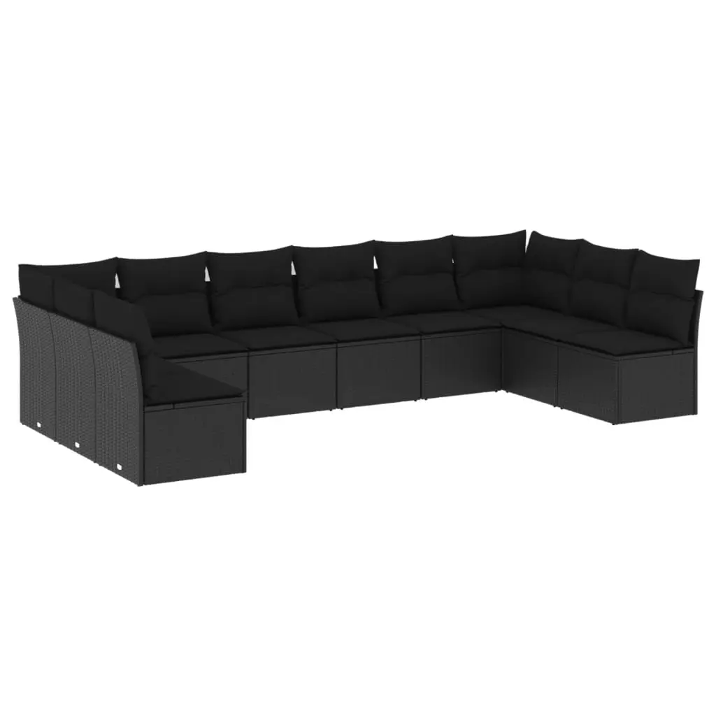 10 Piece Garden Sofa Set with Cushions Black Poly Rattan 3218085 - Furniture