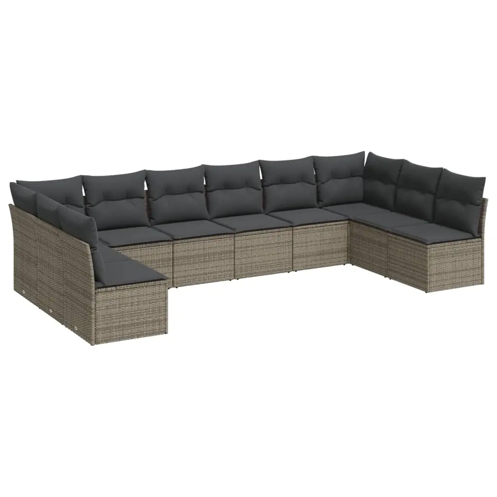 10 Piece Garden Sofa Set with Cushions Grey Poly Rattan 3218090 - Furniture
