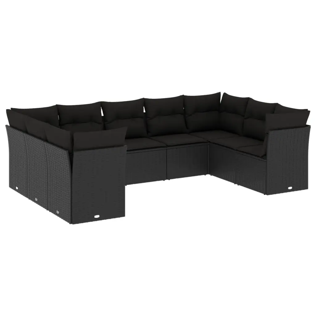 9 Piece Garden Sofa Set with Cushions Black Poly Rattan 3218125 - Furniture