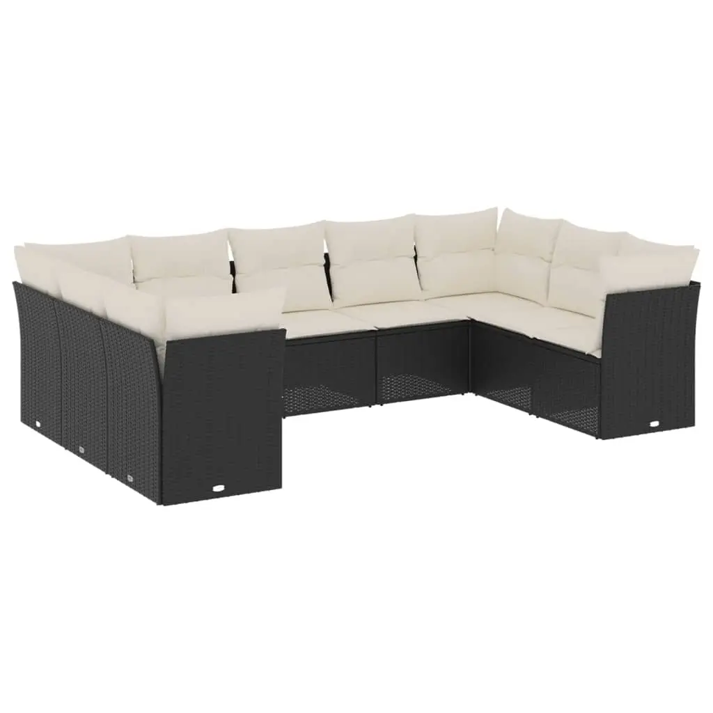9 Piece Garden Sofa Set with Cushions Black Poly Rattan 3218126 - Furniture