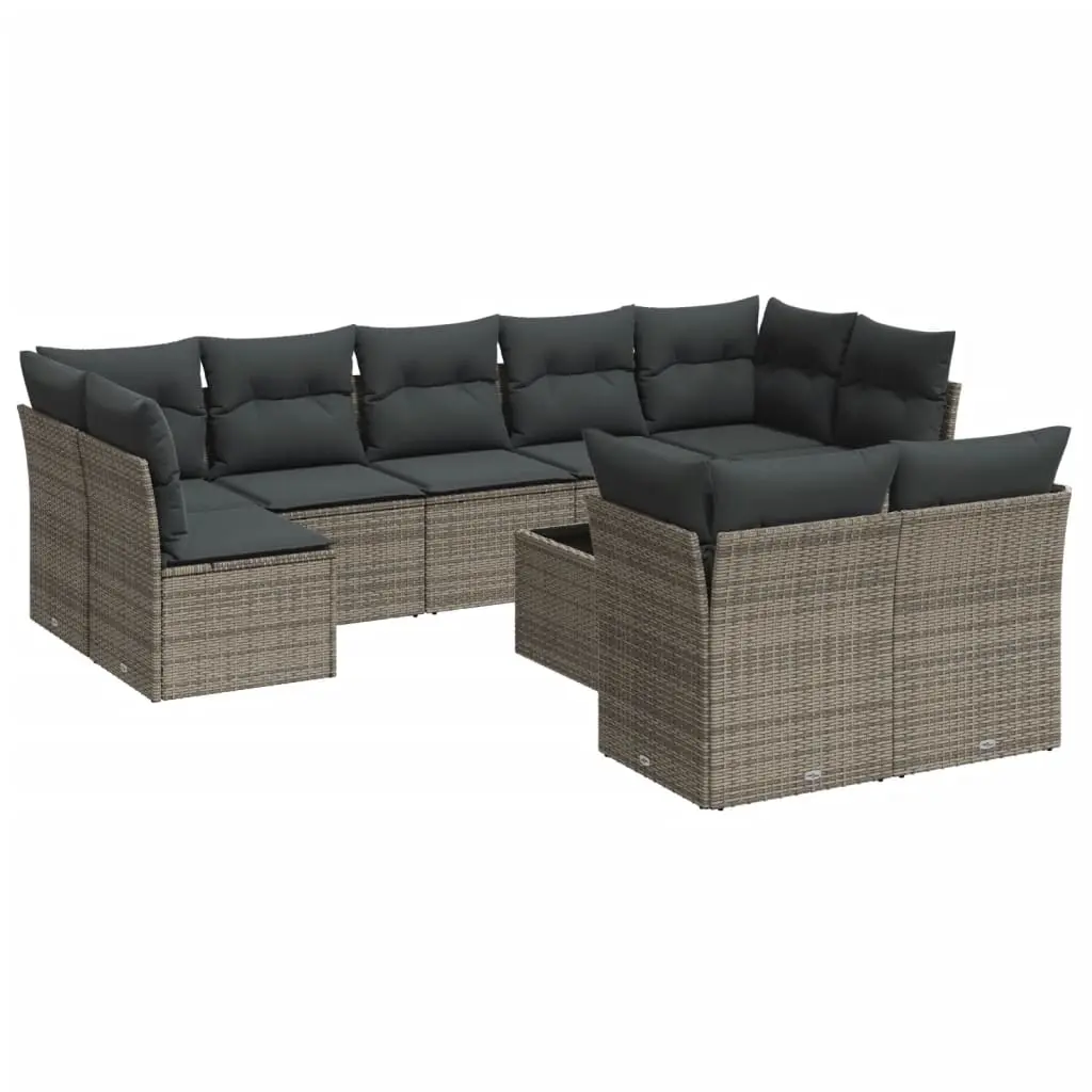 10 Piece Garden Sofa Set with Cushions Grey Poly Rattan 3218160 - Furniture