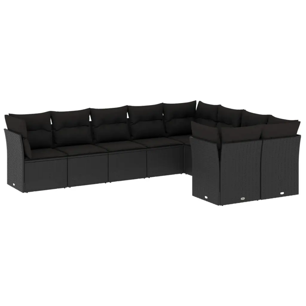 9 Piece Garden Sofa Set with Cushions Black Poly Rattan 3218165 - Furniture