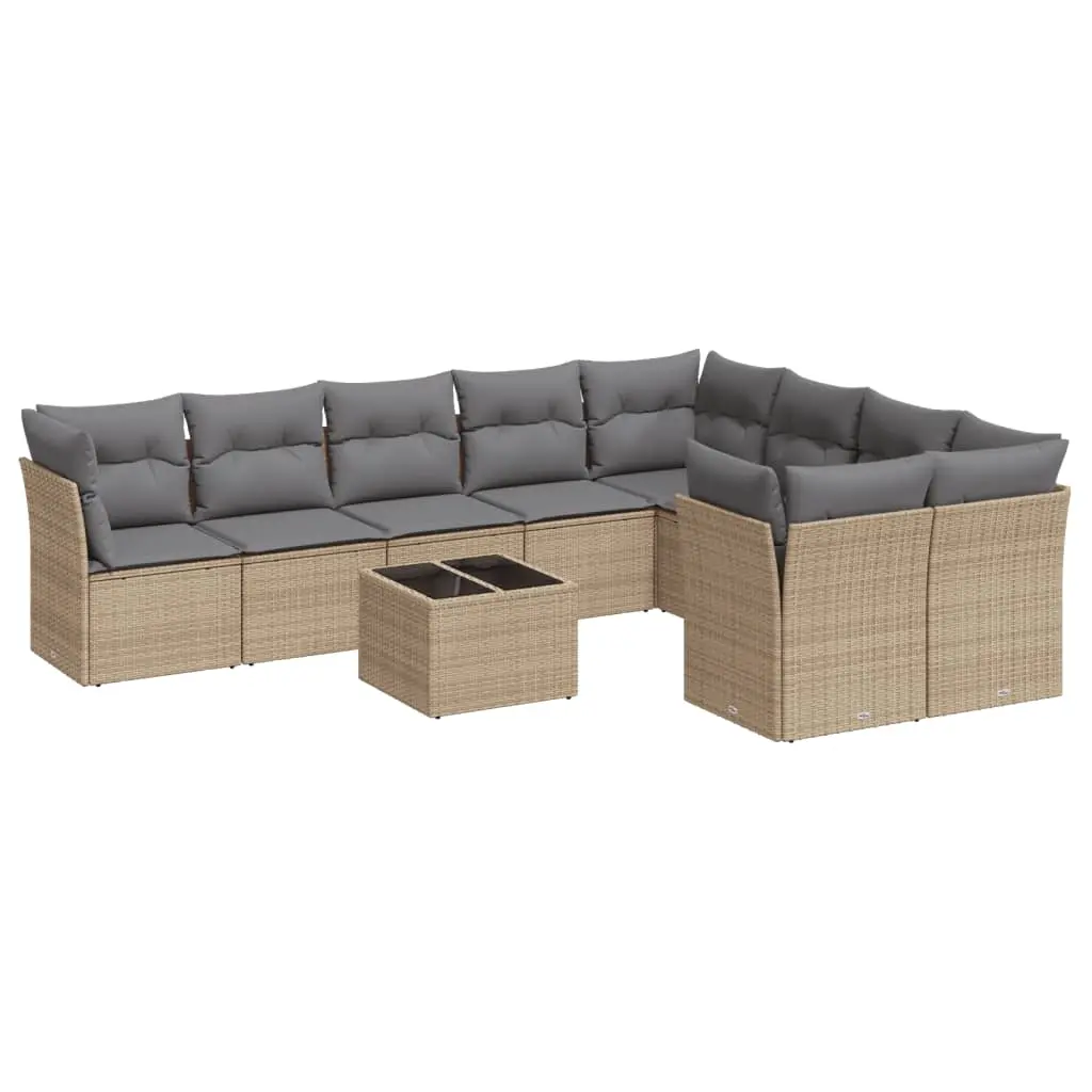 10 Piece Garden Sofa Set with Cushions Beige Poly Rattan 3218179 - Furniture