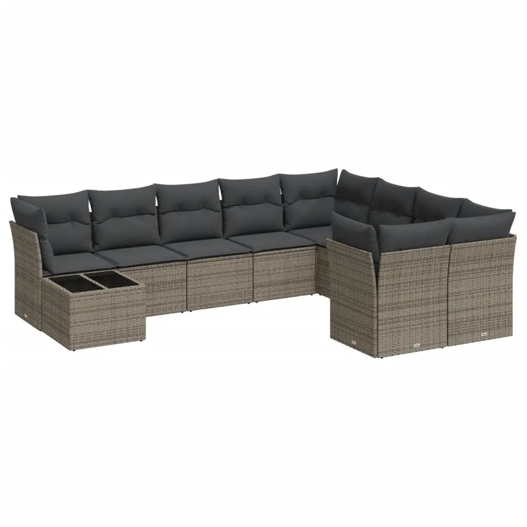 10 Piece Garden Sofa Set with Cushions Grey Poly Rattan 3218190 - Furniture