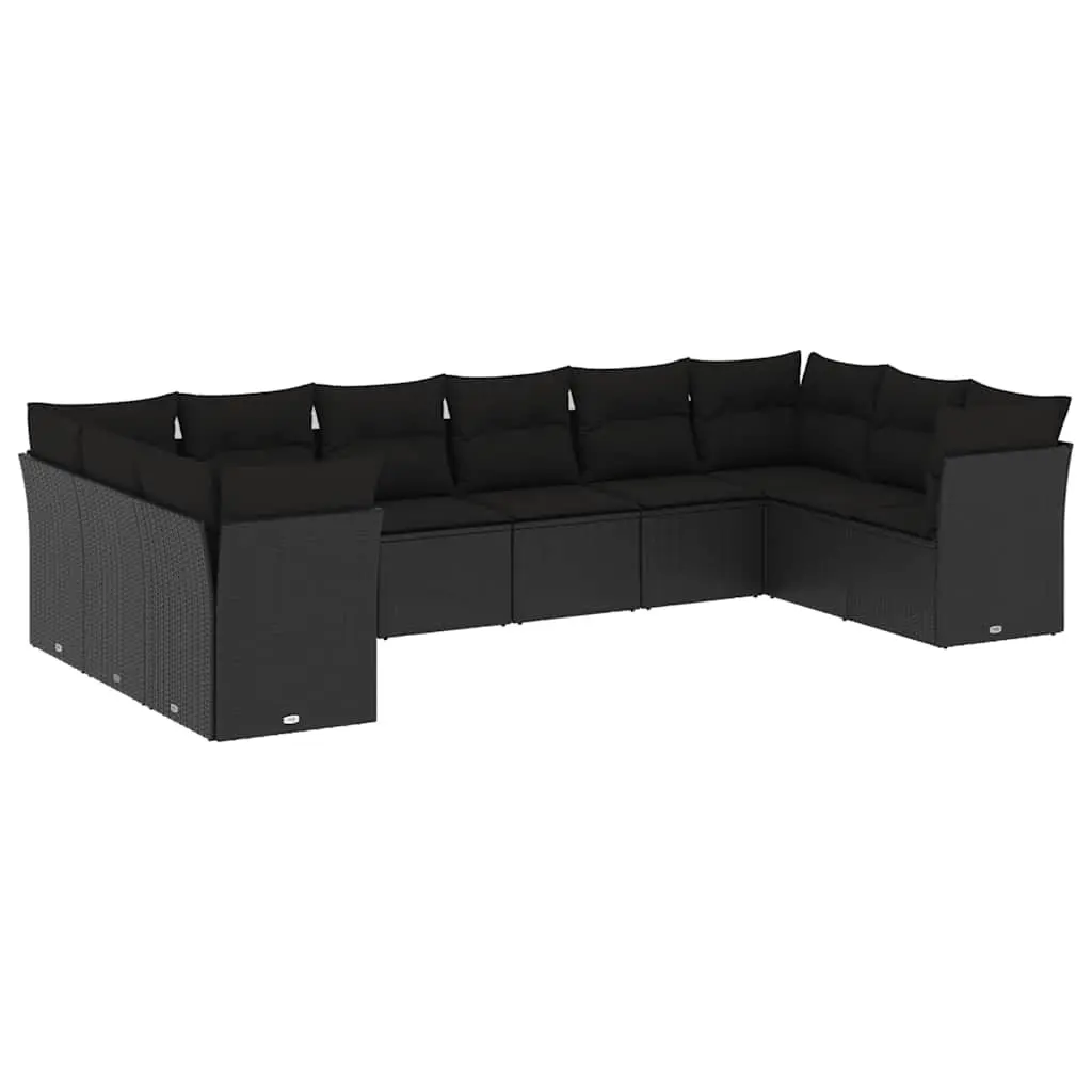 10 Piece Garden Sofa Set with Cushions Black Poly Rattan 3218195 - Furniture