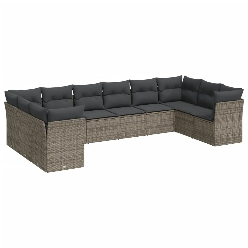 10 Piece Garden Sofa Set with Cushions Grey Poly Rattan 3218200 - Furniture