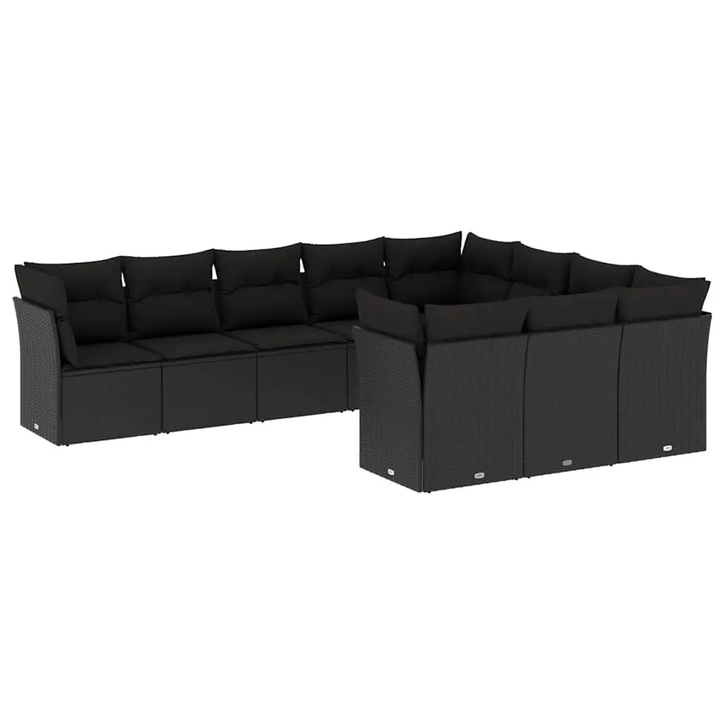 10 Piece Garden Sofa Set with Cushions Black Poly Rattan 3218215 - Furniture