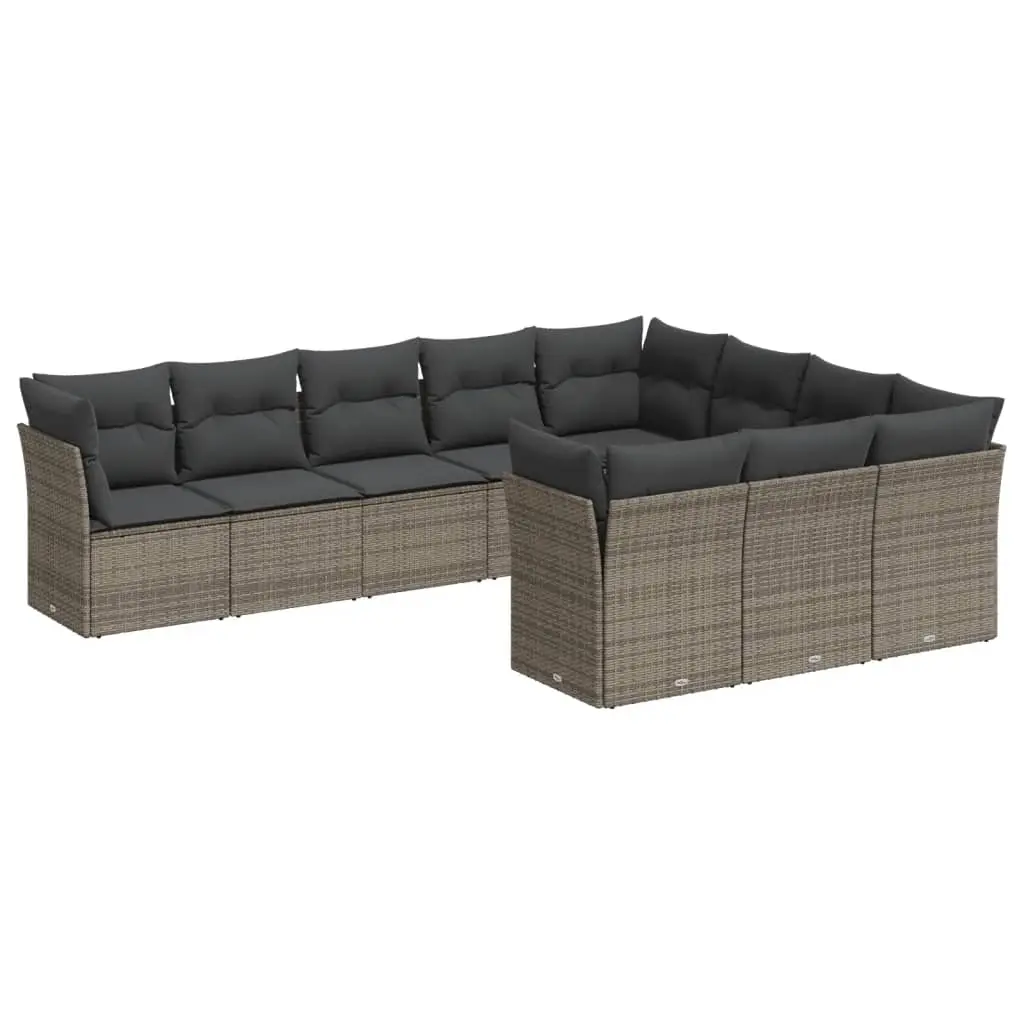 10 Piece Garden Sofa Set with Cushions Grey Poly Rattan 3218220 - Furniture