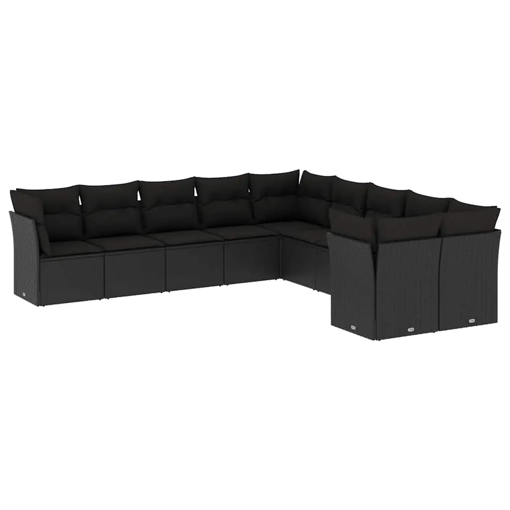 10 Piece Garden Sofa Set with Cushions Black Poly Rattan 3218235 - Furniture