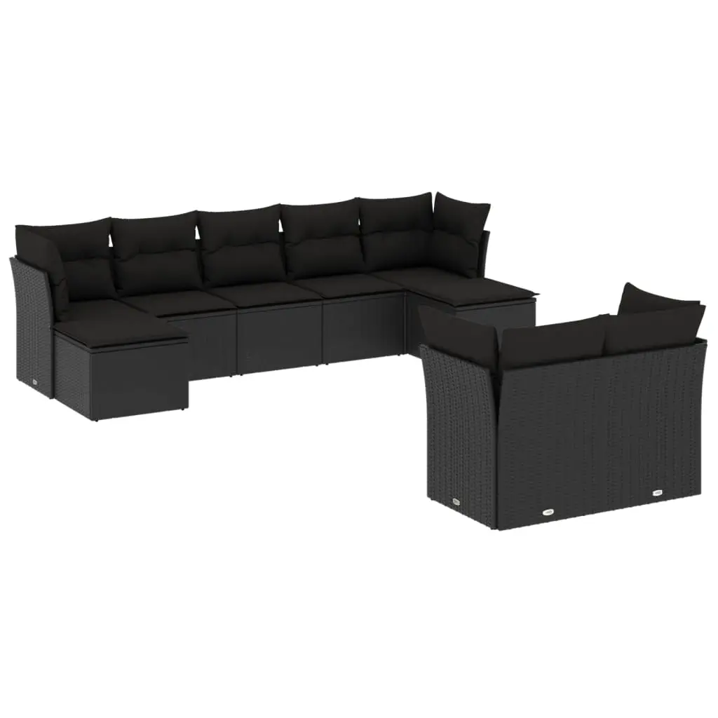 9 Piece Garden Sofa Set with Cushions Black Poly Rattan 3218305 - Furniture
