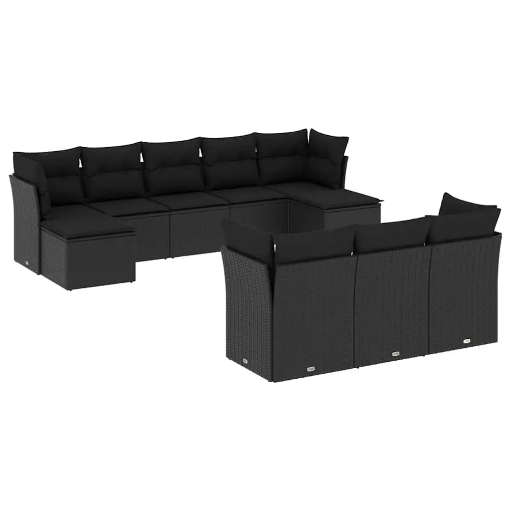 10 Piece Garden Sofa Set with Cushions Black Poly Rattan 3218325 - Furniture