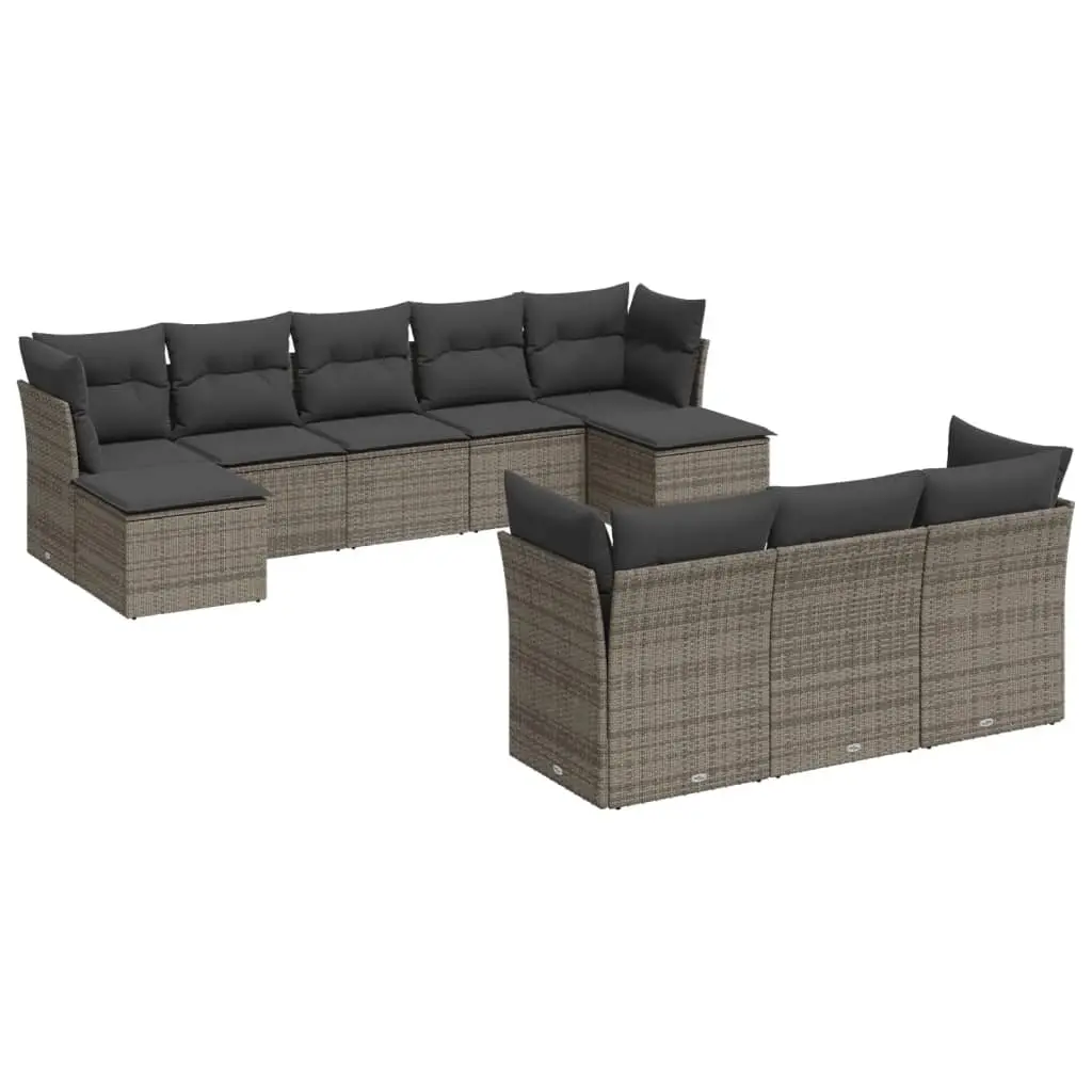 10 Piece Garden Sofa Set with Cushions Grey Poly Rattan 3218330 - Furniture