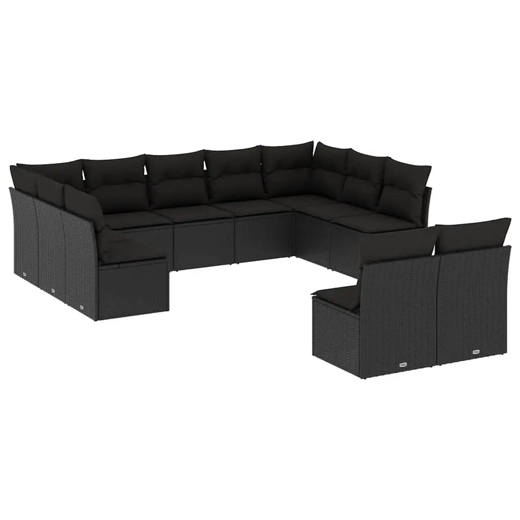 11 Piece Garden Sofa Set with Cushions Black Poly Rattan 3218345 - Furniture