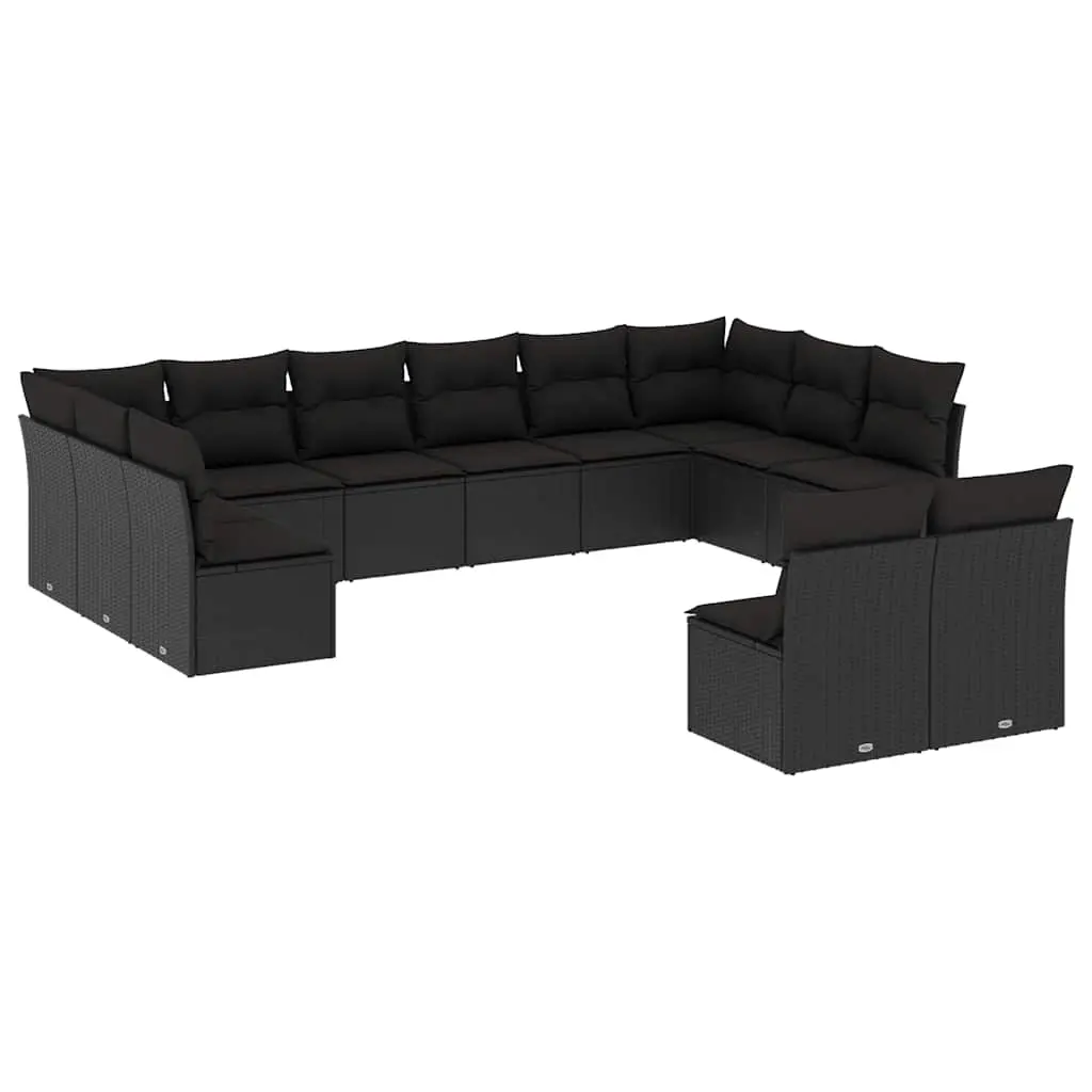 12 Piece Garden Sofa Set with Cushions Black Poly Rattan 3218365 - Furniture