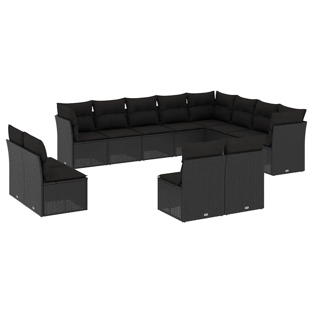 12 Piece Garden Sofa Set with Cushions Black Poly Rattan 3218465 - Furniture