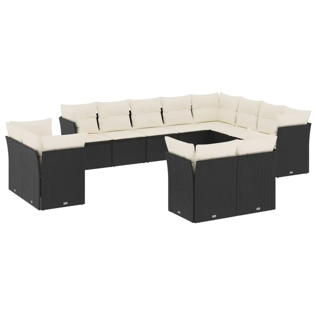 12 Piece Garden Sofa Set with Cushions Black Poly Rattan 3218526 - Furniture