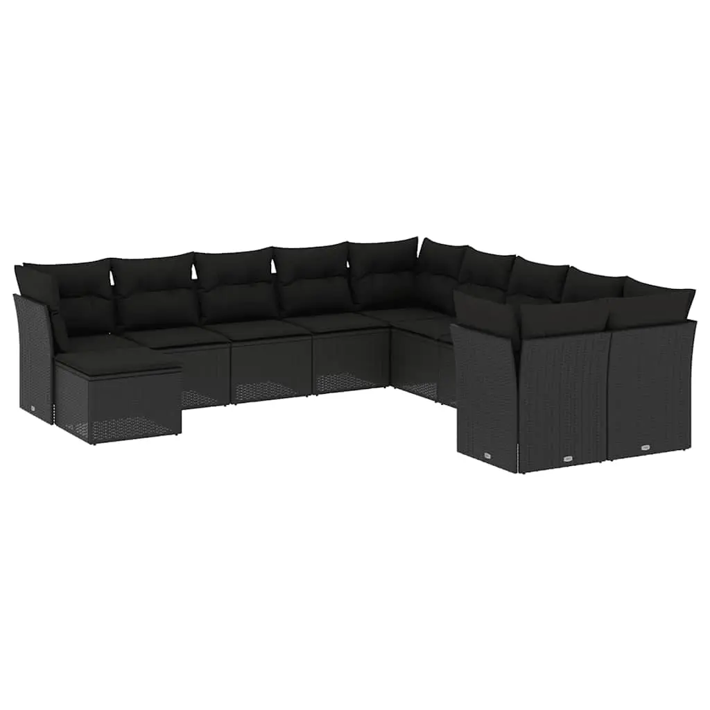 11 Piece Garden Sofa Set with Cushions Black Poly Rattan 3218605 - Furniture