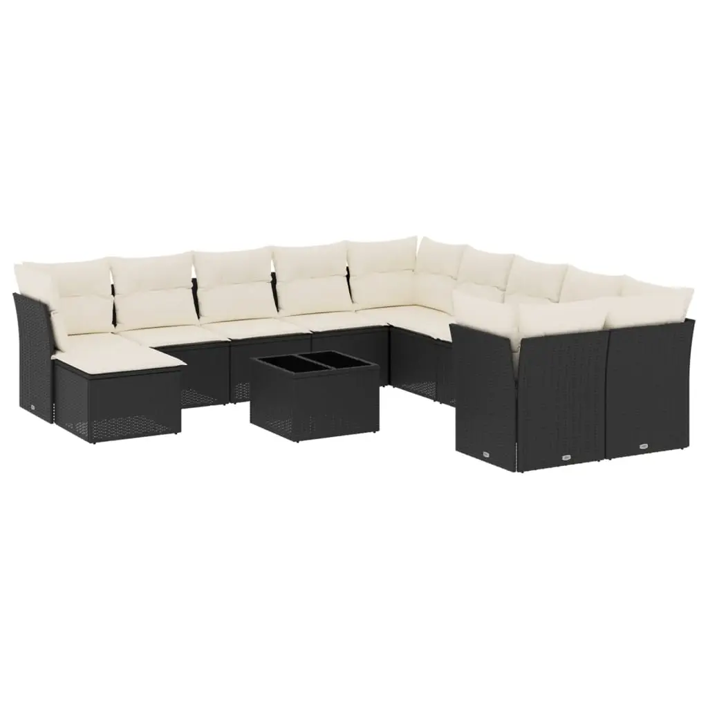 12 Piece Garden Sofa Set with Cushions Black Poly Rattan 3218616 - Furniture