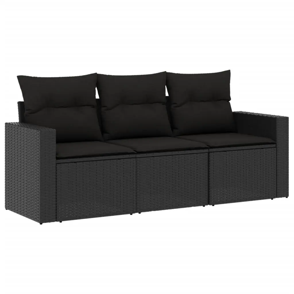 3 Piece Garden Sofa Set with Cushions Black Poly Rattan 3218645 - Furniture