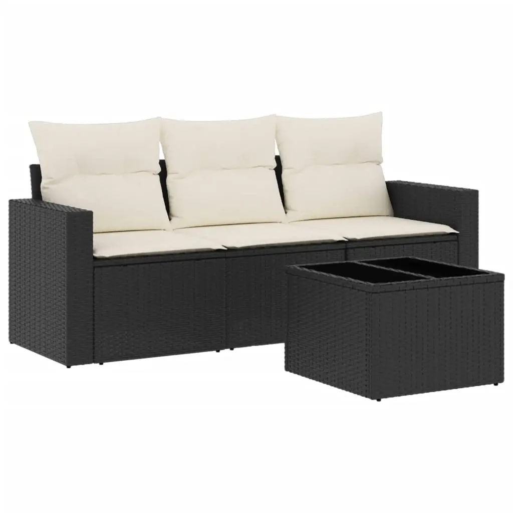 4 Piece Garden Sofa Set with Cushions Black Poly Rattan 3218656 - Furniture