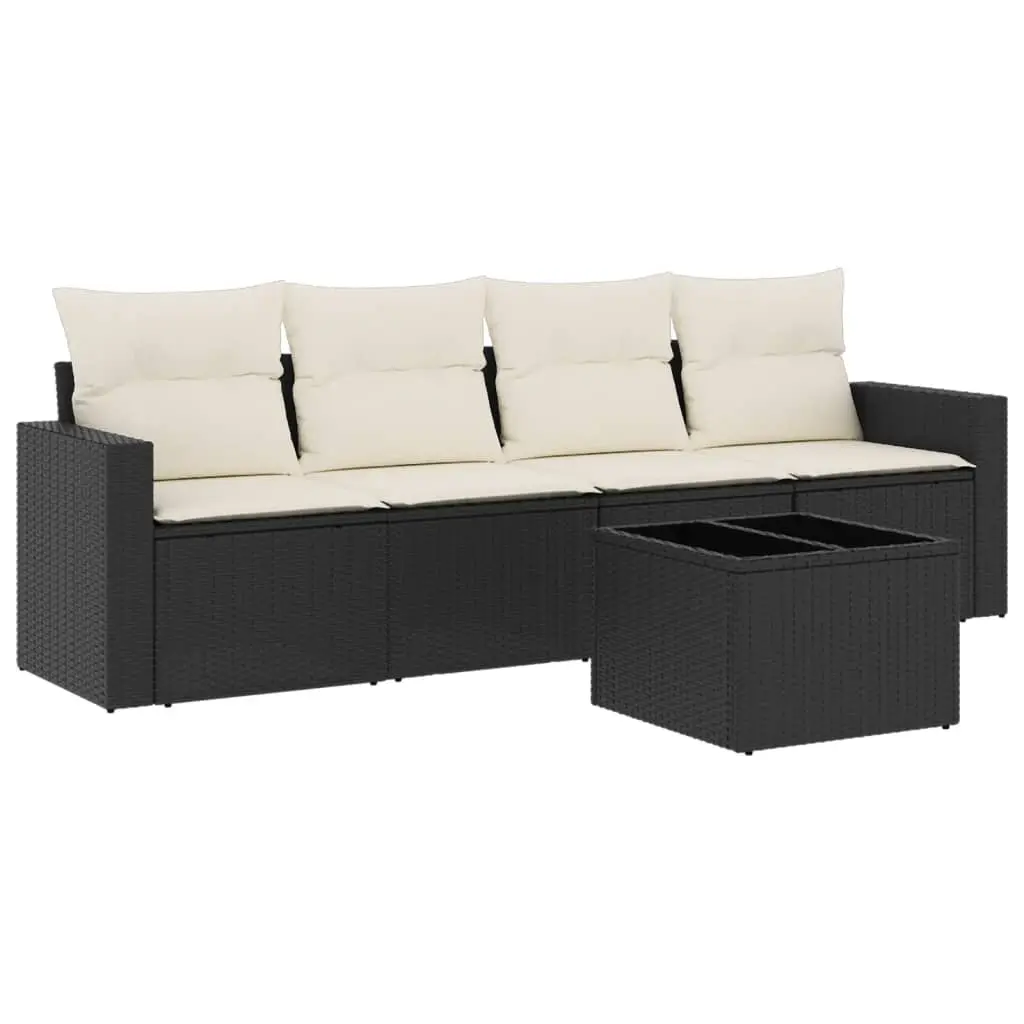 5 Piece Garden Sofa Set with Cushions Black Poly Rattan 3218676 - Furniture