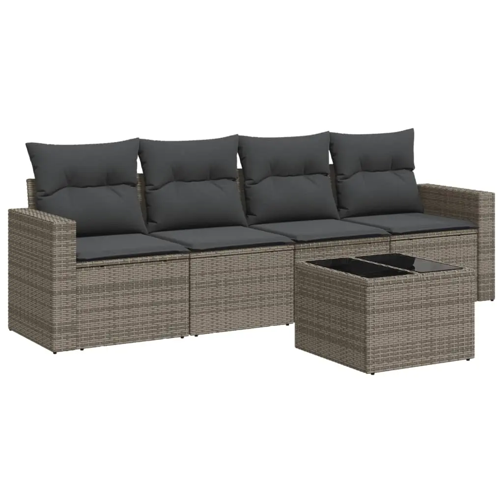 5 Piece Garden Sofa Set with Cushions Grey Poly Rattan 3218680 - Furniture