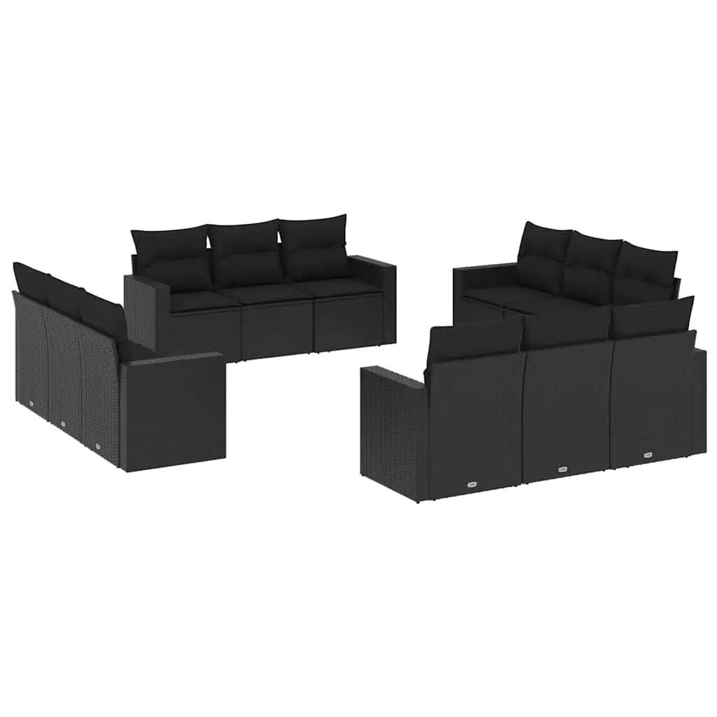 12 Piece Garden Sofa Set with Cushions Black Poly Rattan 3218755 - Furniture