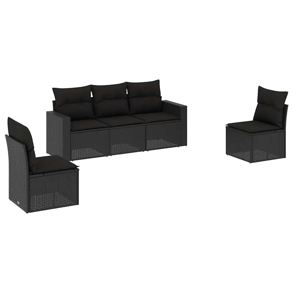 5 Piece Garden Sofa Set with Cushions Black Poly Rattan 3218775 - Furniture