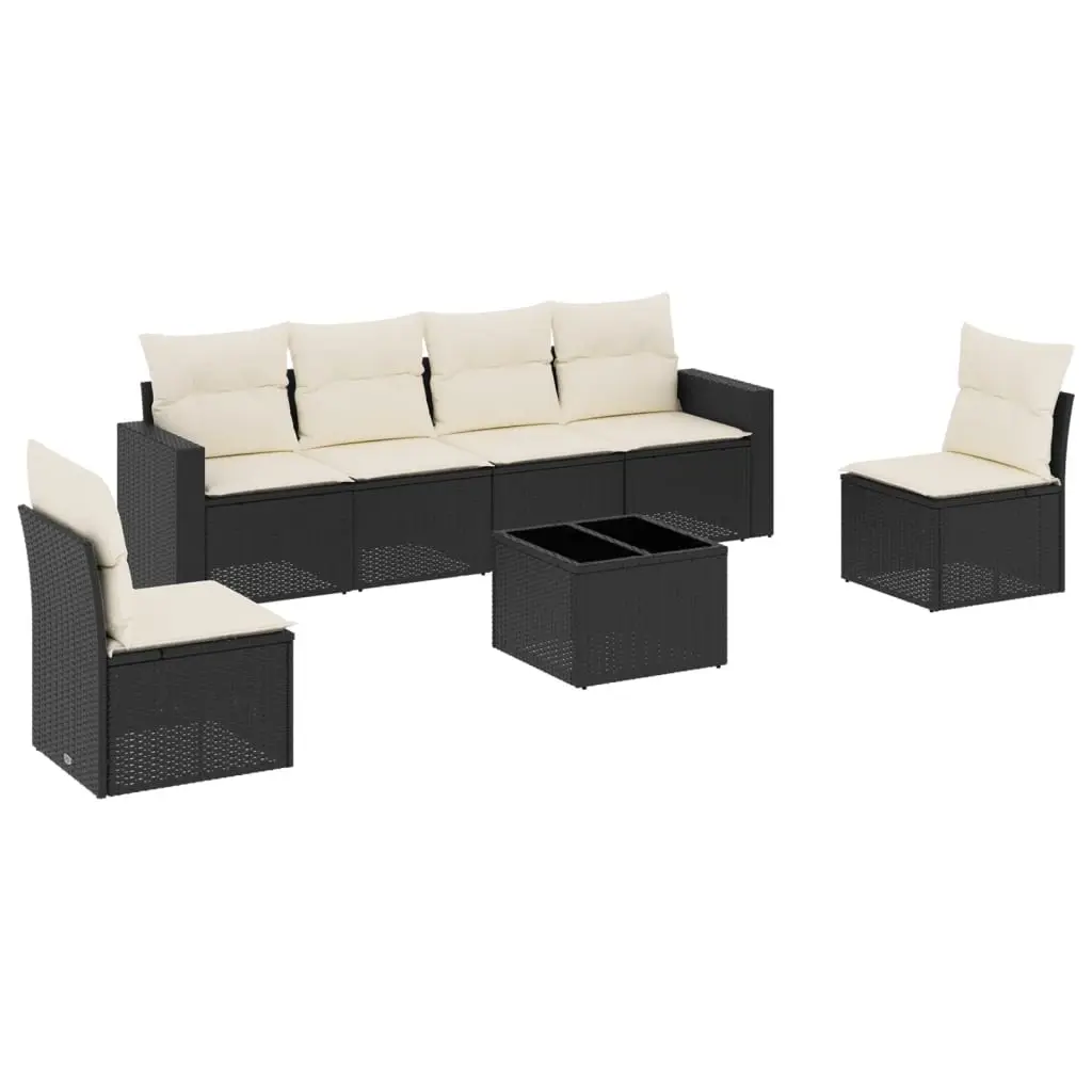 7 Piece Garden Sofa Set with Cushions Black Poly Rattan 3218806 - Furniture
