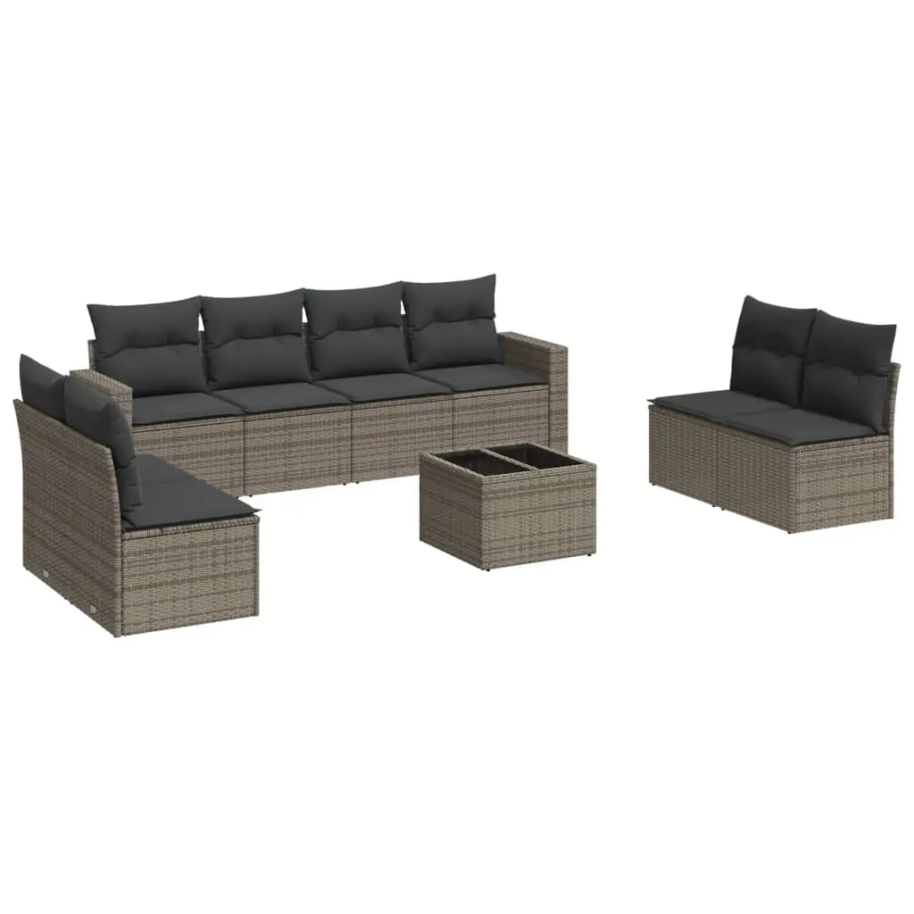 9 Piece Garden Sofa Set with Cushions Grey Poly Rattan 3218850 - Furniture