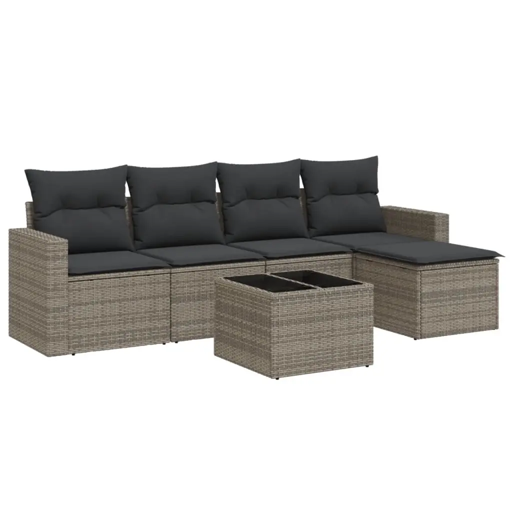 6 Piece Garden Sofa Set with Cushions Grey Poly Rattan 3218890 - Furniture