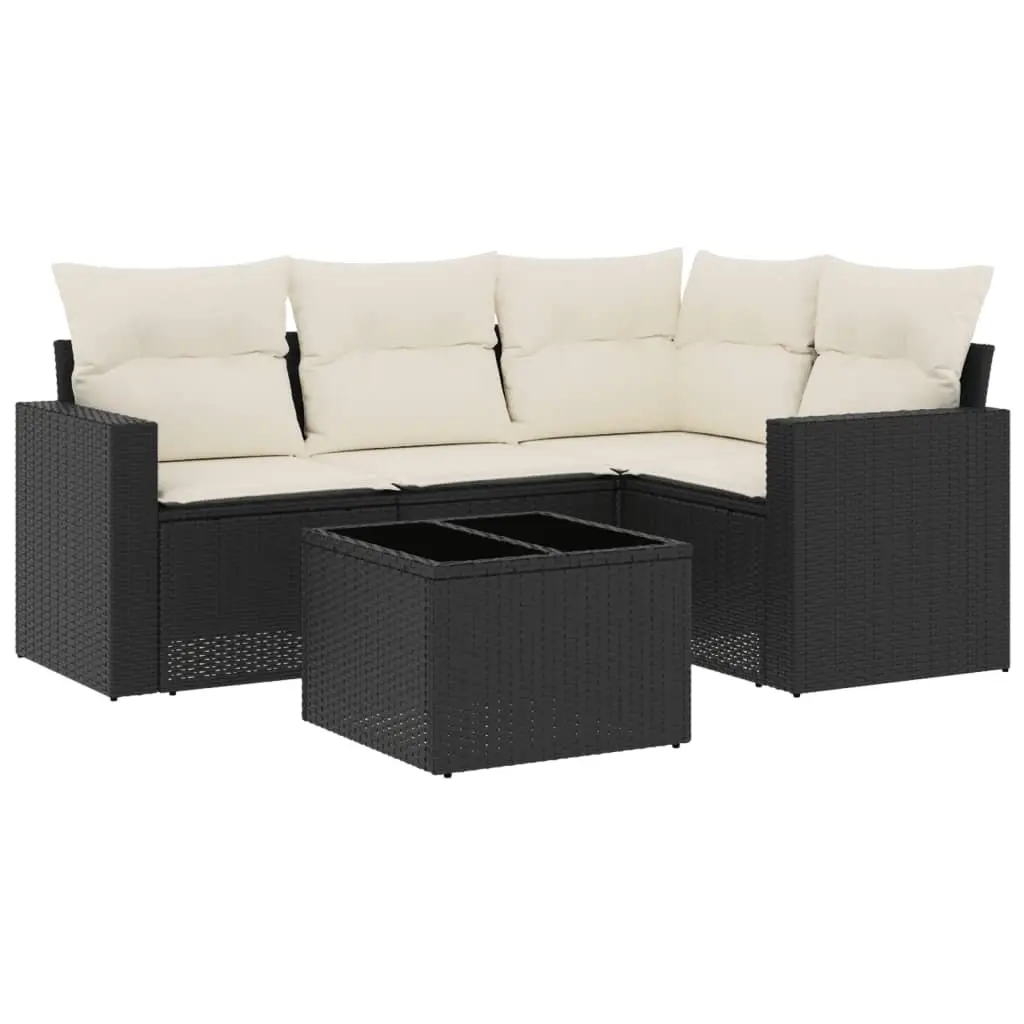 5 Piece Garden Sofa Set with Cushions Black Poly Rattan 3218906 - Furniture