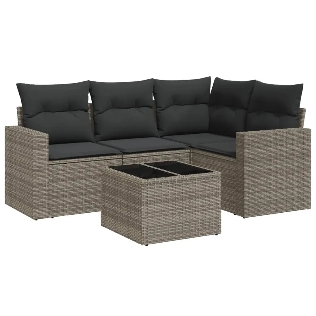 5 Piece Garden Sofa Set with Cushions Grey Poly Rattan 3218910 - Furniture