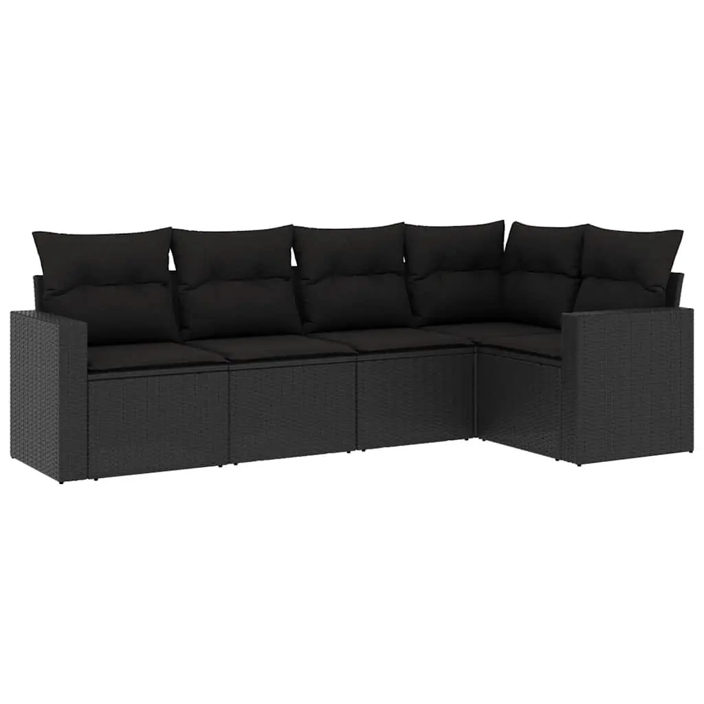 5 Piece Garden Sofa Set with Cushions Black Poly Rattan 3218915 - Furniture