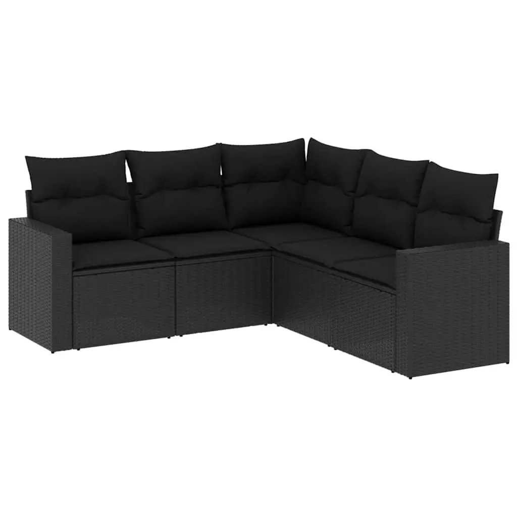 5 Piece Garden Sofa Set with Cushions Black Poly Rattan 3218935 - Furniture