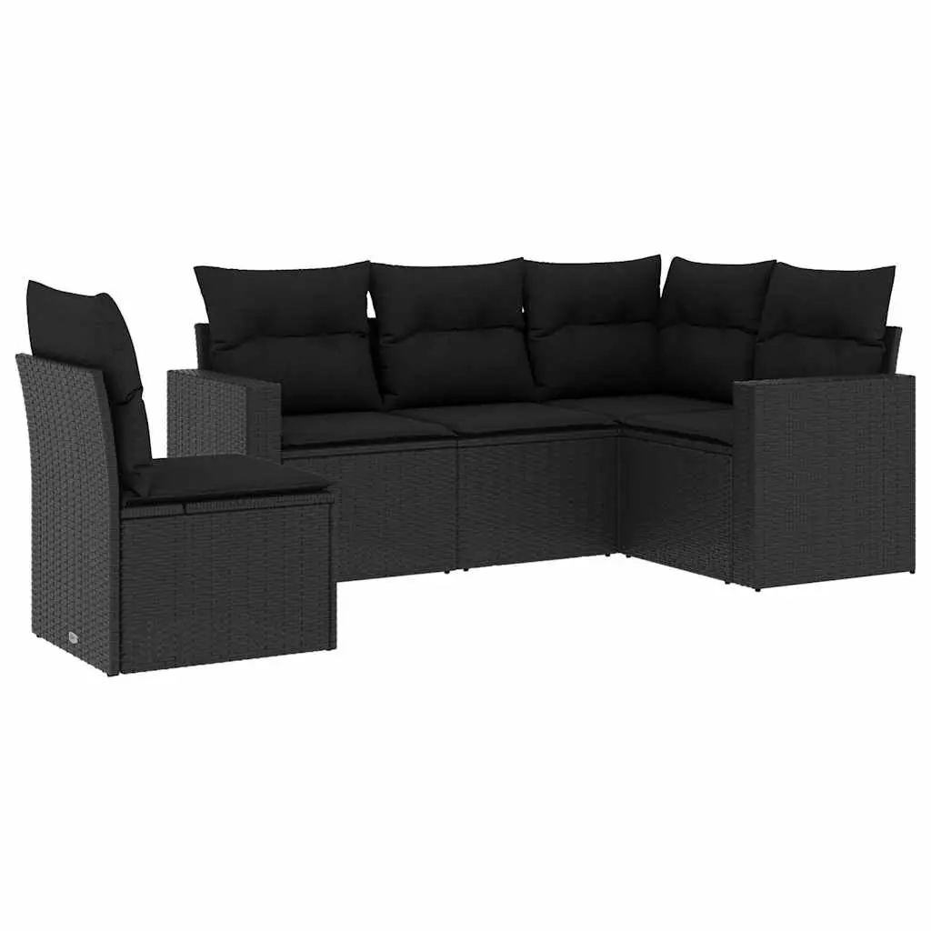 5 Piece Garden Sofa Set with Cushions Black Poly Rattan 3218955 - Furniture