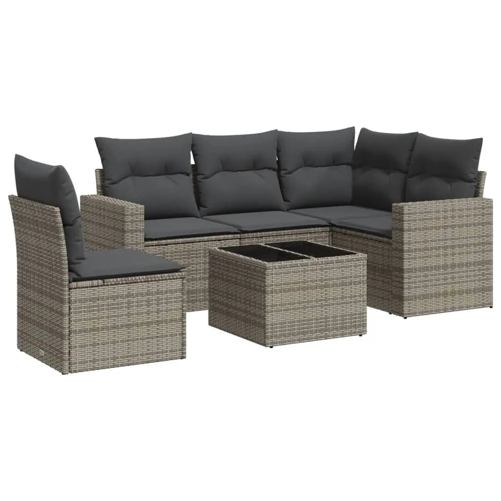 6 Piece Garden Sofa Set with Cushions Grey Poly Rattan 3218970 - Furniture
