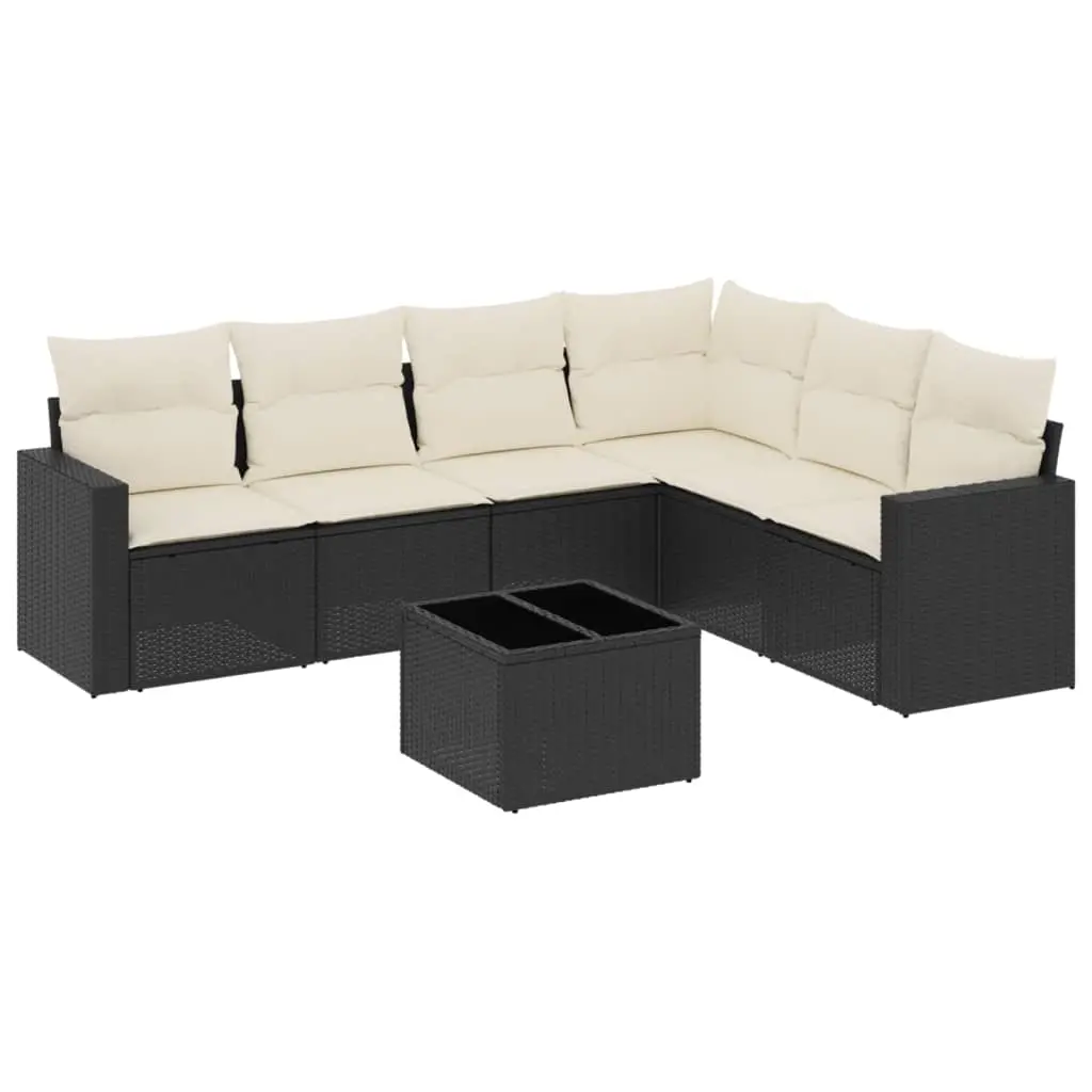 7 Piece Garden Sofa Set with Cushions Black Poly Rattan 3219006 - Furniture