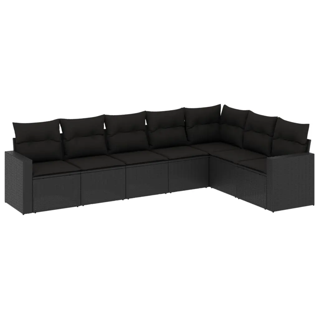 7 Piece Garden Sofa Set with Cushions Black Poly Rattan 3219035 - Furniture