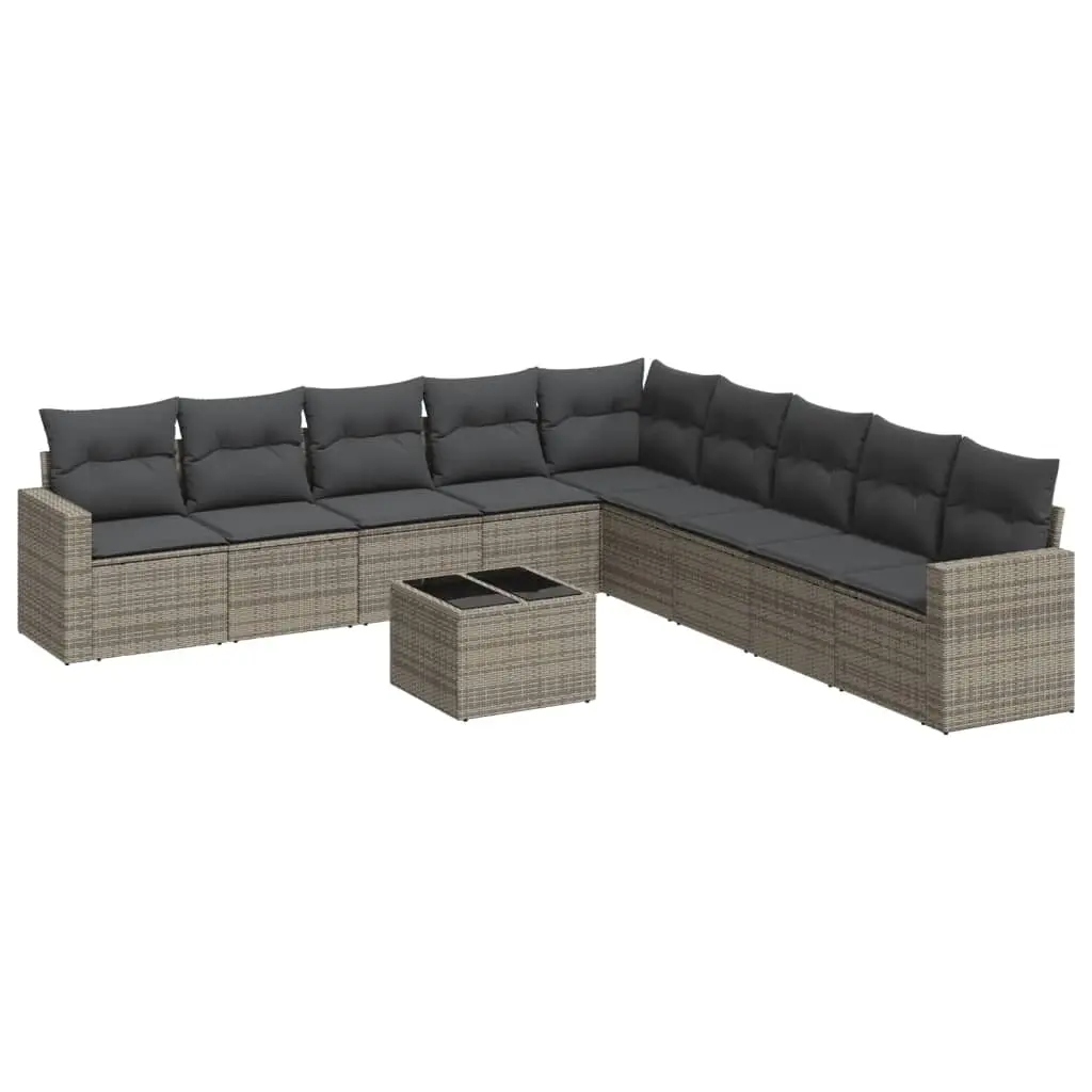 10 Piece Garden Sofa Set with Cushions Grey Poly Rattan 3219090 - Furniture