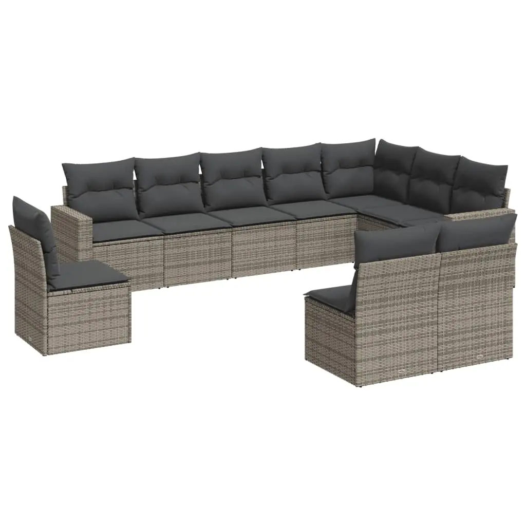 10 Piece Garden Sofa Set with Cushions Grey Poly Rattan 3219100 - Furniture
