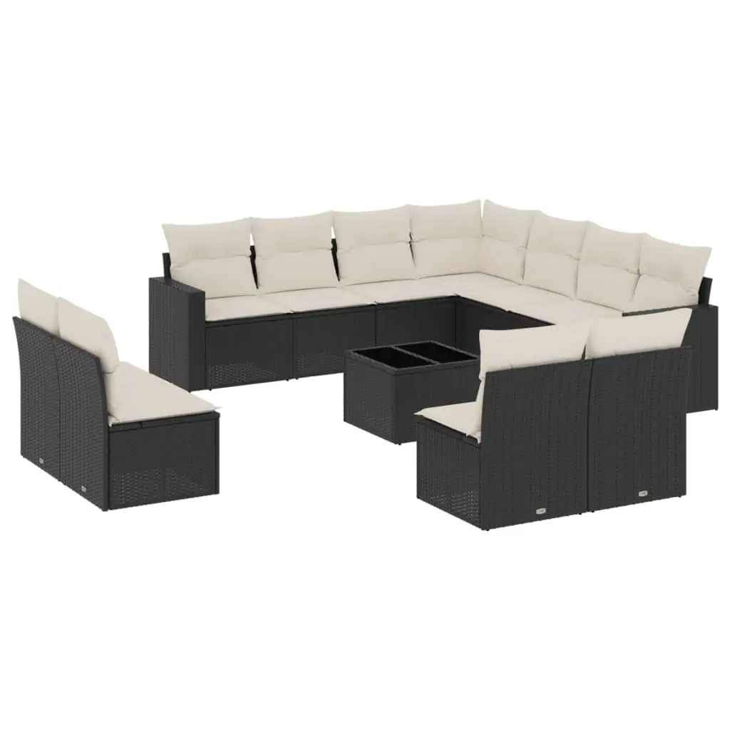 12 Piece Garden Sofa Set with Cushions Black Poly Rattan 3219126 - Furniture