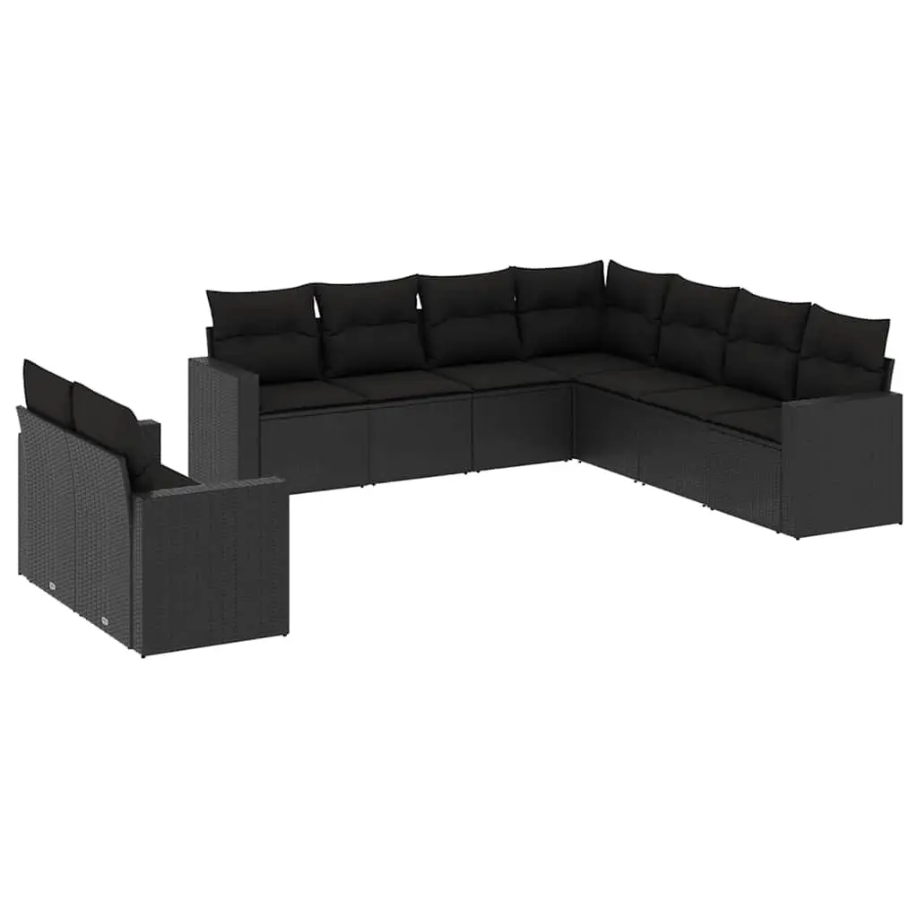 9 Piece Garden Sofa Set with Cushions Black Poly Rattan 3219135 - Furniture