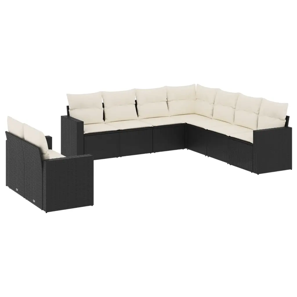 9 Piece Garden Sofa Set with Cushions Black Poly Rattan 3219136 - Furniture