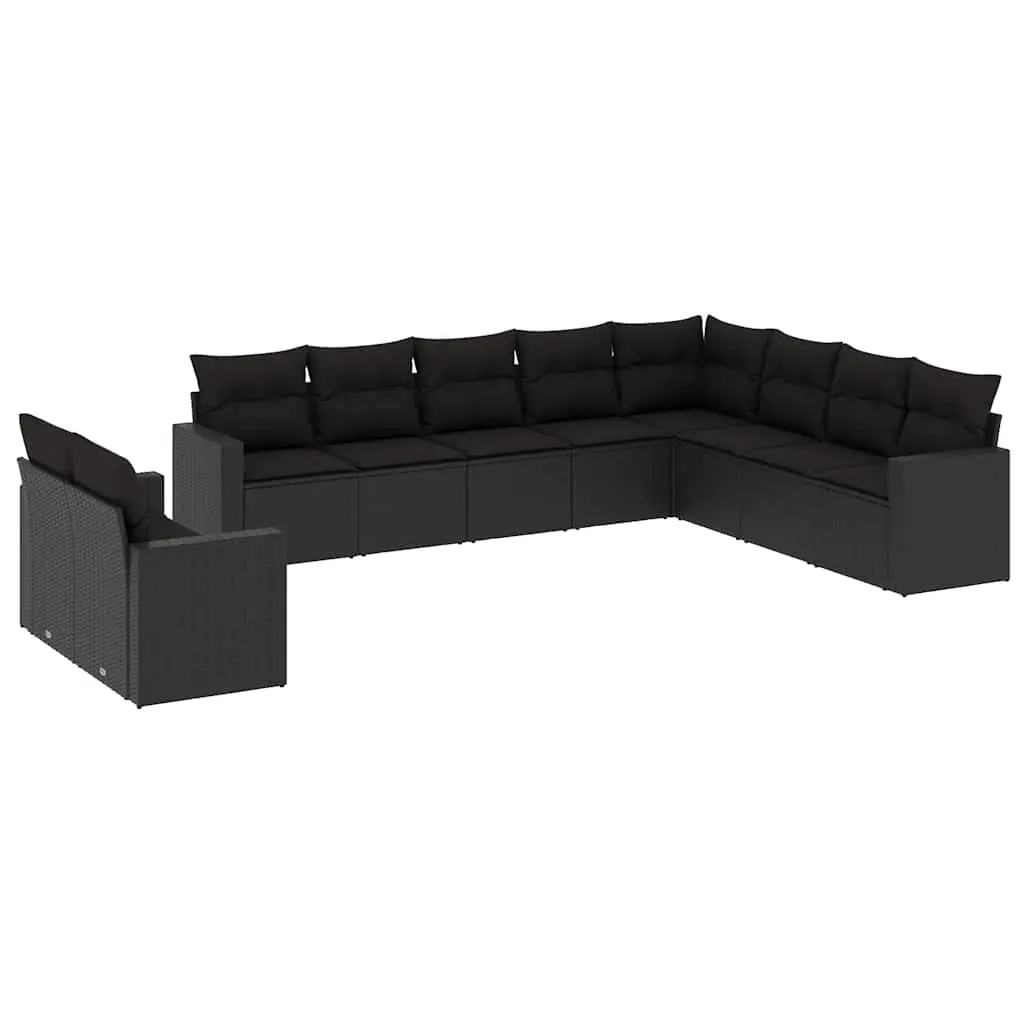 10 Piece Garden Sofa Set with Cushions Black Poly Rattan 3219155 - Furniture
