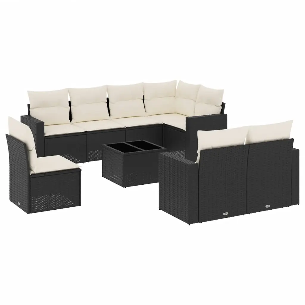 9 Piece Garden Sofa Set with Cushions Black Poly Rattan 3219236 - Furniture