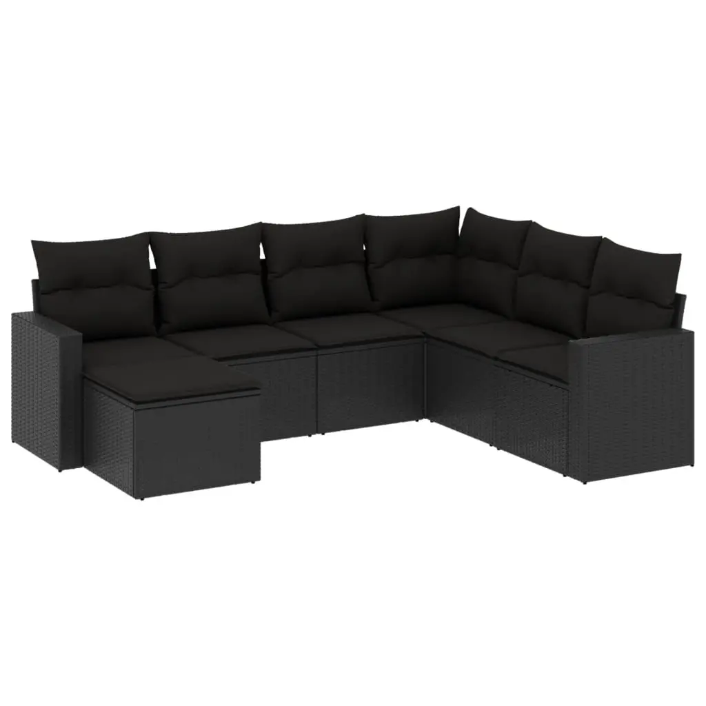 7 Piece Garden Sofa Set with Cushions Black Poly Rattan 3219285 - Furniture